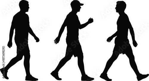 Silhouette Set of Men Walking in Different Poses, Human Movement, Daily Activity, Fitness, Lifestyle, Urban Motion Concept Illustration