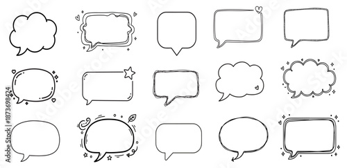 Set of 15 hand-drawn speech bubbles and comic thought clouds with minimalist black line vector art