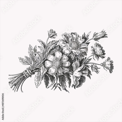 Elegant Hand Drawn Wildflower Bouquet Sketch - Vintage Floral Arrangement for Wedding and Decor