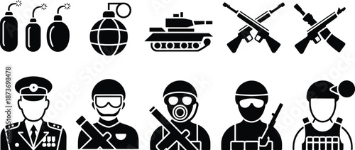 Military and Warfare Vector Icon Set Featuring Soldiers in Gear, Tank, Grenades, Cross Rifles, Gas Mask, General, and Tactical Combat Equipment
