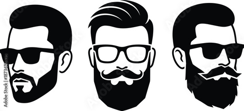 Stylish bearded men face silhouette illustration set with sunglasses, mustache, and modern haircut design for barbershop, fashion, and grooming concepts