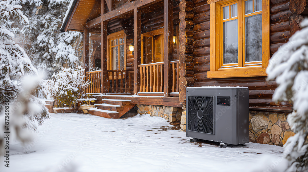 Fototapeta premium Cozy log cabin in snowy landscape, featuring a modern heating unit, perfect for winter retreats and warm getaways.