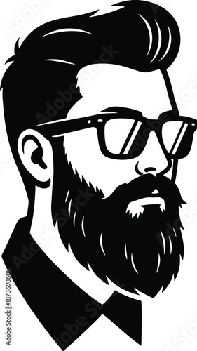 Stylish Bearded Man Silhouette Wearing Glasses, Modern Hipster Male Portrait, Fashion, Grooming, Masculinity, Minimal Black and White Illustration