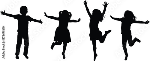 Joyful silhouette children jumping together with arms raised, expressing freedom, happiness, childhood energy, and playful friendship on a white background