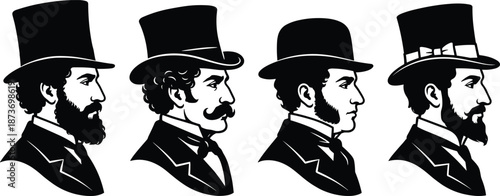 Victorian Gentleman Silhouette Portrait Set Wearing Top Hats, Bearded and Mustached Men Profiles, Vintage Style, Classic Fashion Illustration