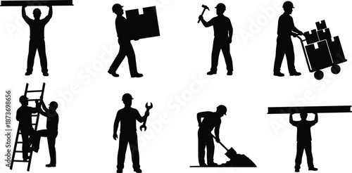 Silhouette construction workers carrying materials, using tools, climbing ladders, transporting boxes, and performing manual labor tasks on job site with safety equipment