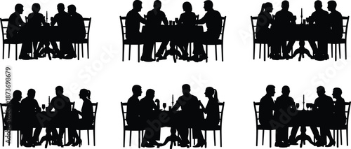 Silhouette couples dining together at restaurant tables, enjoying food, drinks, conversation, and social evening meal on white background