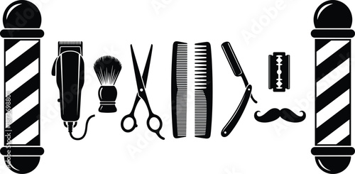 Barbershop Tools and Equipment Silhouette Set with Scissors, Comb, Razor, Clippers and Barber Poles, Haircut, Grooming Salon Concept Illustration