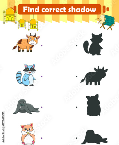 Funny cartoon wild life. Find the correct shadow. Kids Education games. Cartoon vector illustration