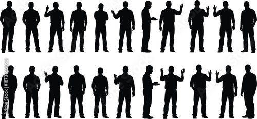Silhouette men standing and gesturing with expressive hand movements, representing communication, discussion, confidence, and social interaction on white background