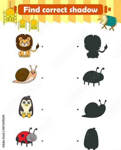 Funny cartoon wild life. Find the correct shadow. Kids Education games. Cartoon vector illustration