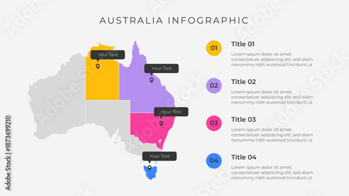 Australia map infographic template with 4 options. Australia administrative map infographic for presentation.