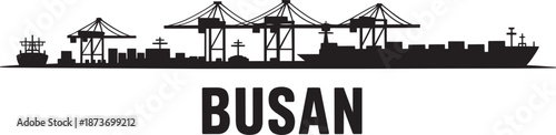 Busan harbor skyline silhouette vector with maritime container terminal and cargo ship design