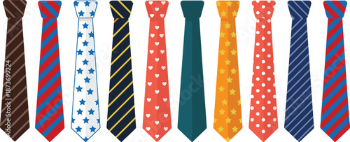 Colorful Patterned Neckties Collection in Flat Vector Style, Modern Men’s Fashion Accessories Background for Business, Formal Wear, and Stylish Design Concepts