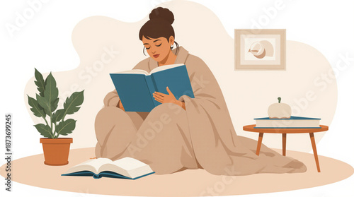 A cozy woman wrapped in a blanket enjoying a book by the potted plant at home