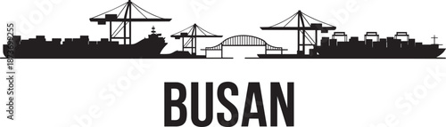 Busan skyline silhouette bustling port with cargo ships cranes and bridge on grey background