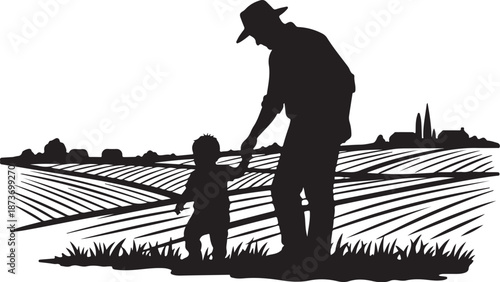 Silhouette of farmer and child in a rural landscape