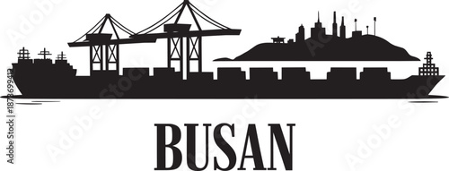 Busan south korea seaport vector silhouette, cargo port panorama skyline, container terminal