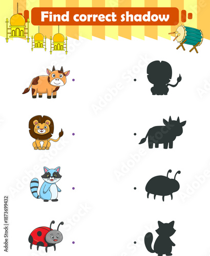 Funny cartoon wild life. Find the correct shadow. Kids Education games. Cartoon vector illustration