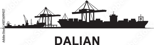 Dalian china city skyline silhouette vector. dalian china port with cargo ship and cranes