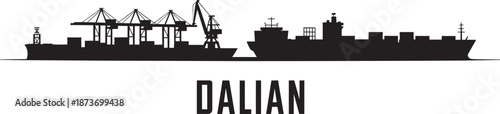 Dalian harbor silhouette with merchant vessels and portal cranes for maritime shipping needs