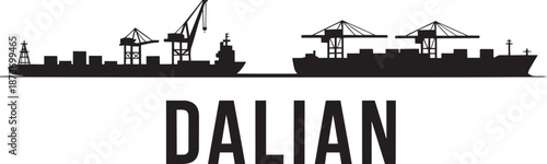 Dalian port silhouette with cargo ships loading and industrial cranes working side by side