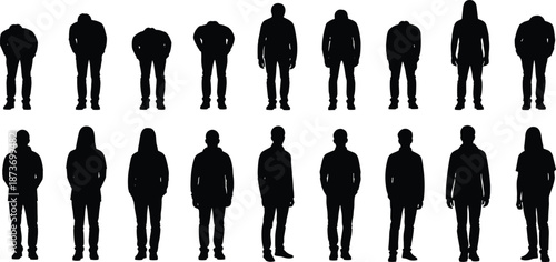 Silhouette people standing and bowing, expressing sadness, shame, respect, contemplation, and emotional body language on white background