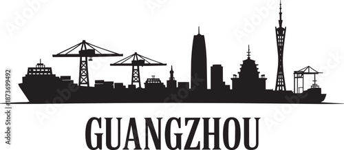 Guangzhou skyline silhouette modern city with cranes large ships and cargo on grey background