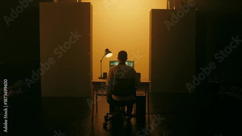 Silhouette of a person sitting at a desk with a computer and lamp in a dark room with warm lighting.