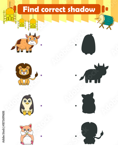 Funny cartoon wild life. Find the correct shadow. Kids Education games. Cartoon vector illustration