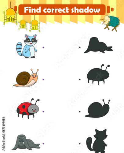 Funny cartoon wild life. Find the correct shadow. Kids Education games. Cartoon vector illustration