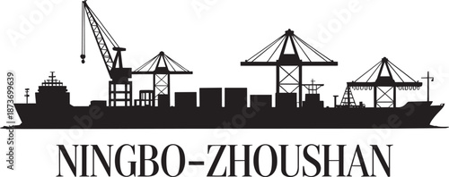 Ningbo-zhoushan china seaport vector silhouette, cargo port panorama skyline, container terminal