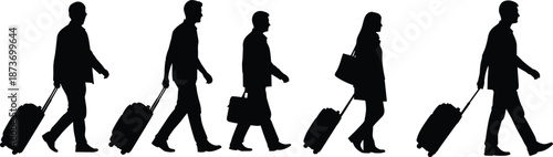 Silhouette travelers walking with rolling luggage and bags, representing business travel, tourism, commuting, and airport transportation on white background