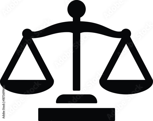 Scales of justice vector illustration, black silhouette icon isolated on white, symbolizing law, court, equality, legal system, and balance