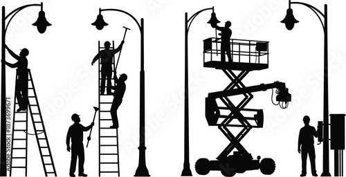 Silhouette utility workers repairing and maintaining street lights using ladders and lift equipment, performing electrical infrastructure service on white background