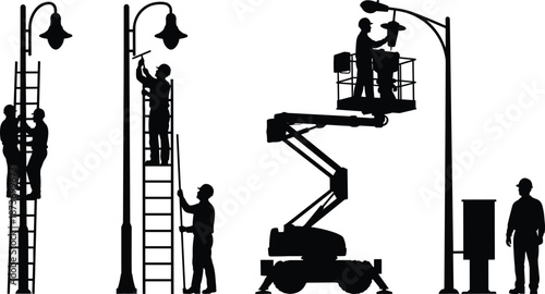 Silhouette utility workers repairing street lights using ladders and lift equipment, performing maintenance, electrical work, and public infrastructure service on white background