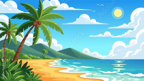Beautiful Tropical Beach Scene Vector Illustration with Palm Trees and Ocean Waves on a Sunny Day