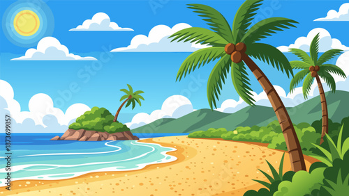 Vector illustration of a tropical beach with palm trees, ocean waves, and a sunny sky, perfect for travel and summer themes
