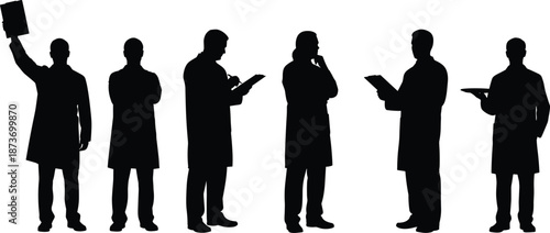 Silhouettes of six men in long coats performing various thinking and writing gestures, symbolizing analysis, planning, documentation, teamwork and decision making