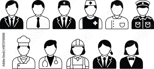 Set of black and white vector icons representing various professions like doctor, police, chef, and business people for web design