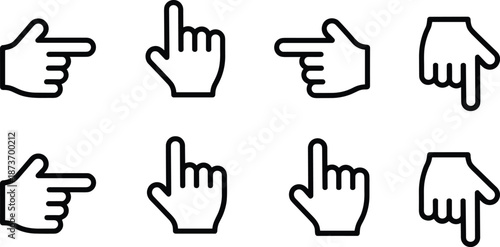 Set of black line hand cursor icons, pointing finger direction symbols, vector illustrations isolated on white for user interface design