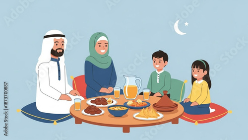 A Muslim family gathers around a table for a meal together in a warm and inviting setting.