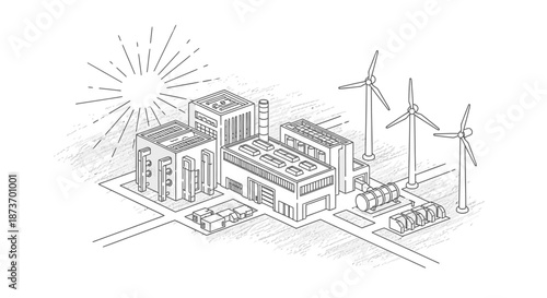 A detailed hand-drawn illustration visualizes a modern sustainable industrial complex, powered by clean renewable energy from solar panels and wind turbines.