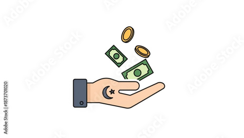 A vector graphic illustration of a hand with a crescent moon and star tattoo releasing money and coins into the air
