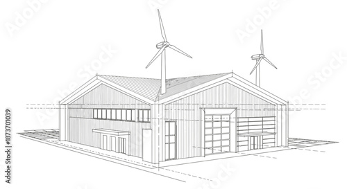 A detailed architectural sketch illustrates a contemporary industrial building powered by rooftop wind turbines, symbolizing sustainable power and modern eco-friendly design.
