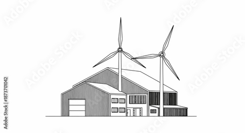 A minimalist line art illustration depicts a modern industrial facility powered by two towering wind turbines, symbolizing sustainable energy and eco-friendly manufacturing.