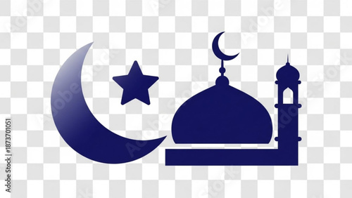 A minimalist blue mosque icon with crescent moon and star on a transparent background