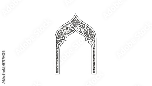 An intricately designed archway with floral patterns and ornate details in a minimalist line art style