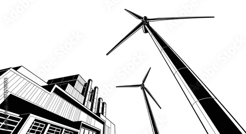 A striking low-angle black and white graphic illustration depicts a modern industrial building alongside towering wind turbines, symbolizing sustainable energy and progress.