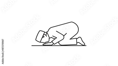 A minimalist line art illustration of a man in a prayer position on a white background